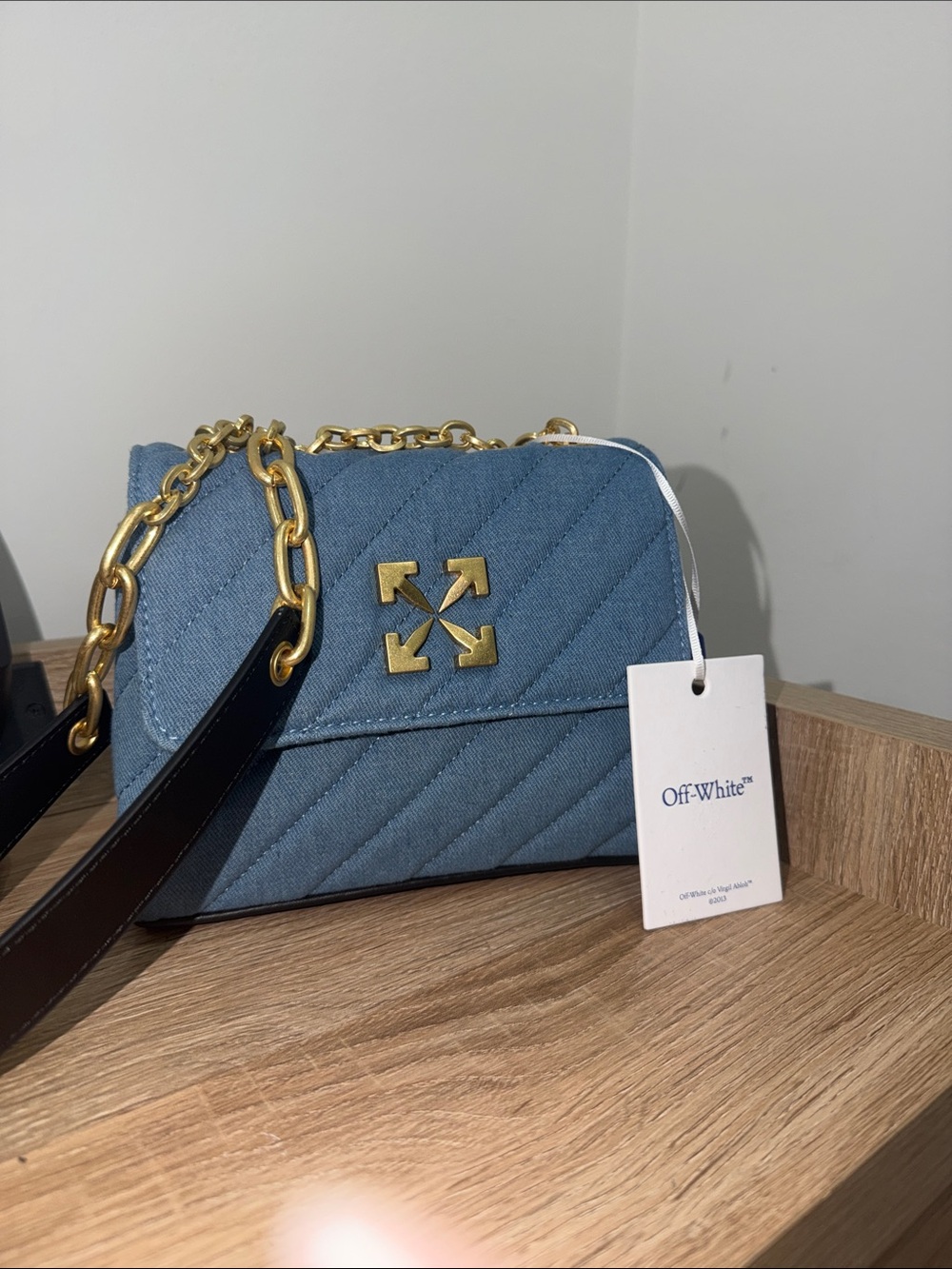 Off-White Jackhammer 17 Light Blue Quilted Shoulder Bag with Gold Chain